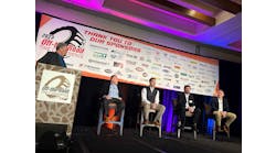 MTD Publisher Greg Smith moderated a panel discussion that included, from left to right, Bruce Besancon, vice president of marketing, Yokohama Off-Highway Tires Inc.; Eric Matson, global field engineer, off-road tires, Goodyear Tire & Rubber Co.; Chris Rhoades, vice president, OTDC, BKT USA Inc.; and Matt Futrelle, head of business field earthmoving, head of sales and marketing Americas, commercial specialty tires, Continental Tire the Americas LLC,