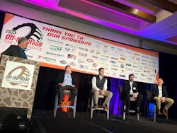 MTD Publisher Greg Smith moderated a panel discussion that included, from left to right, Bruce Besancon, vice president of marketing, Yokohama Off-Highway Tires Inc.; Eric Matson, global field engineer, off-road tires, Goodyear Tire & Rubber Co.; Chris Rhoades, vice president, OTDC, BKT USA Inc.; and Matt Futrelle, head of business field earthmoving, head of sales and marketing Americas, commercial specialty tires, Continental Tire the Americas LLC,
