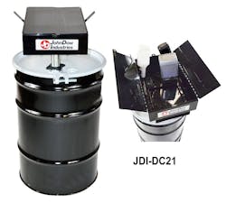 Features include an easy open, hinged and lockable lid door; hooks to stabilize larger bottles for easy drainage; adjustable feet to secure the container on the drum; two side supports to keep the lid open at 45 degrees; and heavy-duty steel construction.