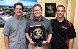 Steepleton Tire’s retread plant increased its production in 2022, says Chris Steepleton (far right), who manages the Memphis, Tenn.-based dealership's retread facility. (Chris is pictured with, from left to right, his brother, Michael, and father, Pat.)