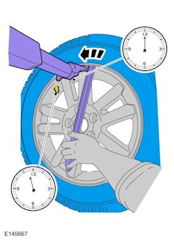 Place the wheel and tire assembly on the tire machine turntable with the valve tem at the 11:30 position and the machine arm at the 12 o'clock position to demount the outer bead.