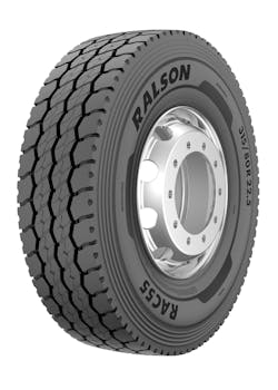 The tire features an enhanced chip/cut compound for durability and an open shoulder design with shoulder ejectors for maximum use on and off the highway.