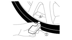 When memorizing the tire pressure sensor ID, hold the activation tool against the side of the tire, near the valve stem.