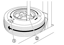When removing the sensor, place the wheel and tire onto the tire changer so the sensor is at the bottom and 270 degrees from the mounting/demounting head.