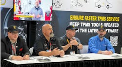 From left, ATEQ's Mike Rose, Bartec’s Scot Holloway, Continental’s Sean Lannoo and Schrader's Yanick Leduc say TPMS jobs are being made more difficult and taking longer to complete because technicians' tools aren't regularly accessing and downloading the available updated procedures.