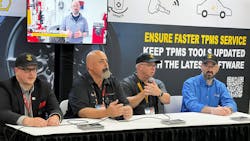 From left, ATEQ's Mike Rose, Bartec’s Scot Holloway, Continental’s Sean Lannoo and Schrader's Yanick Leduc say TPMS jobs are being made more difficult and taking longer to complete because technicians' tools aren't regularly accessing and downloading the available updated procedures.